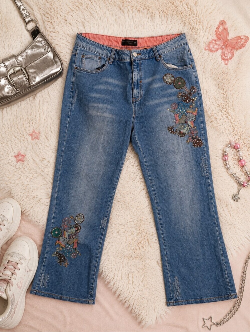 Y2k Beaded Embroidered Plus Sized Straight Leg Jeans Size 18
